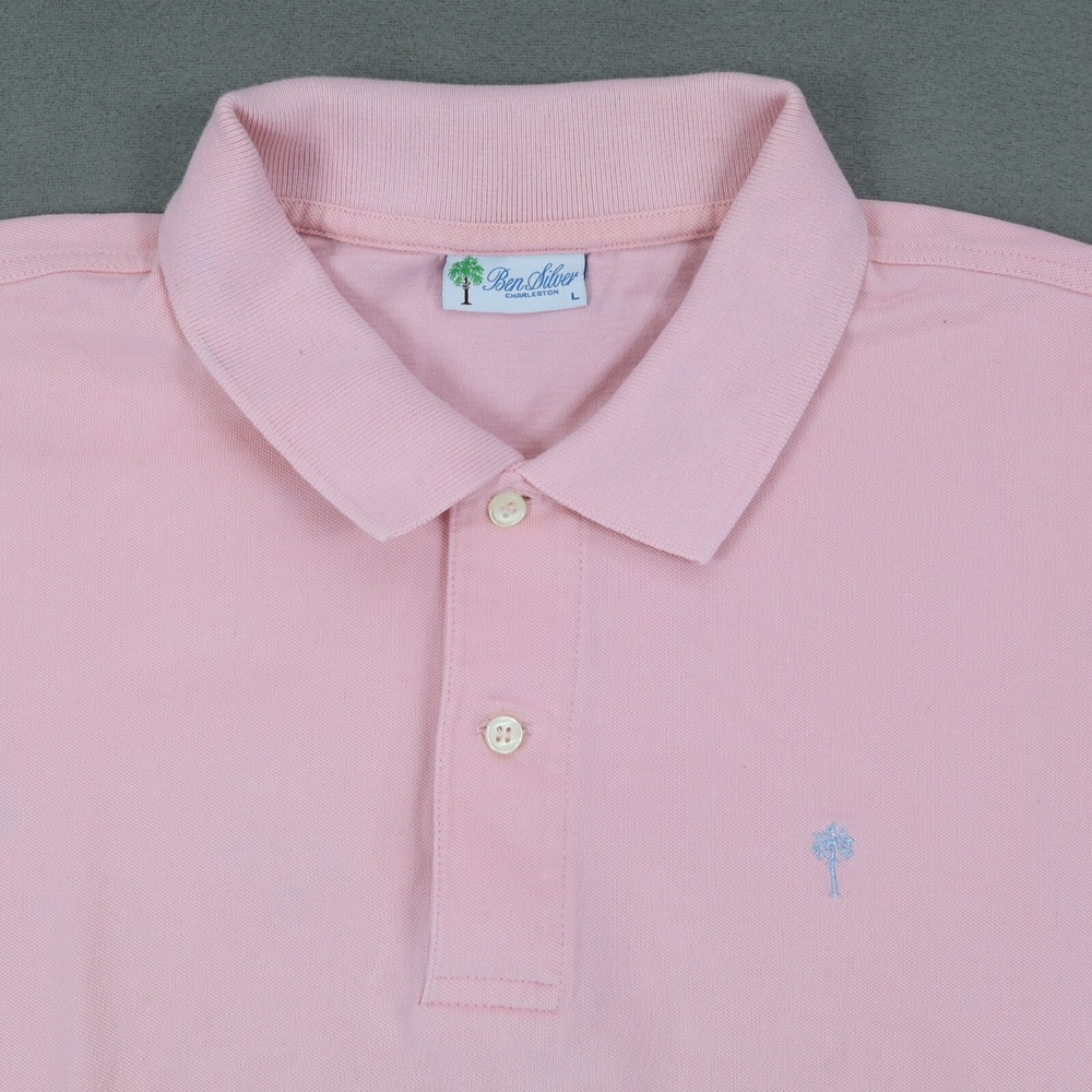 FLAWS** Ben Silver Charleston Pink Polo Shirt Mens Size L Logo Golf Preppy Pique